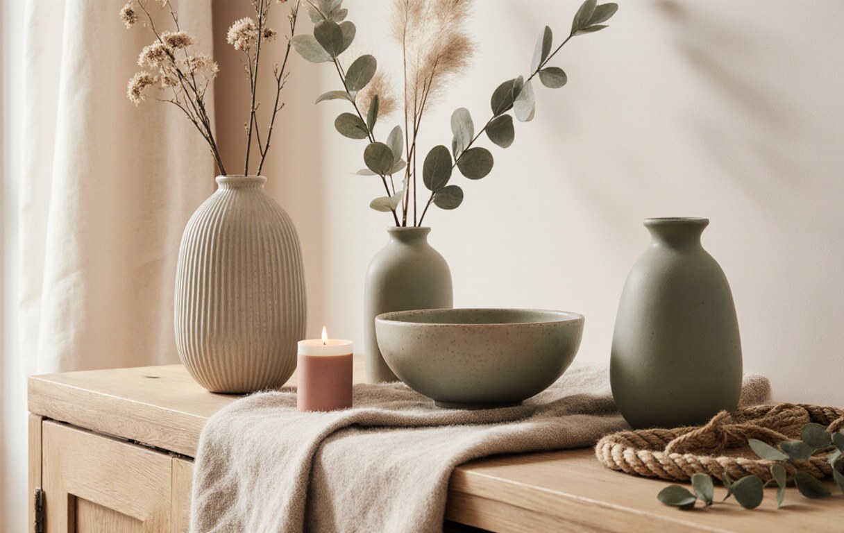 Neutral decorative accessories arranged with ceramics, eucalyptus and warm natural textures