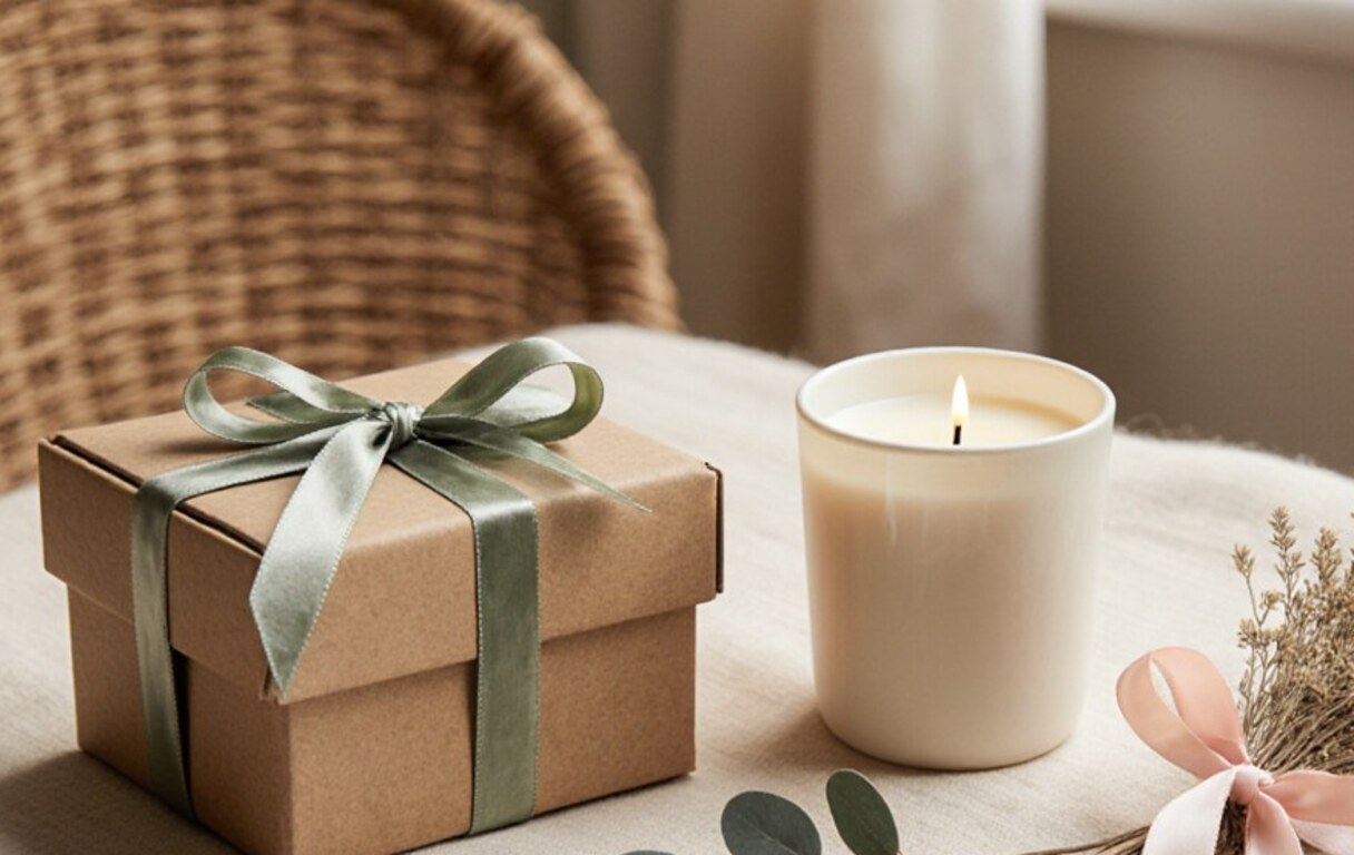Gift-ready home pieces with a sage ribbon wrapped box, candle and dried florals
