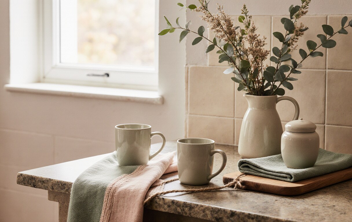 Calm kitchen styling with stoneware mugs, linen and eucalyptus on a warm countertop