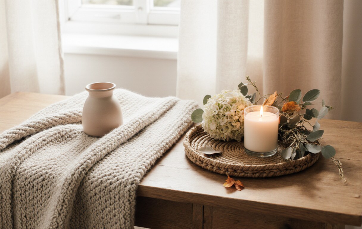Seasonal home styling vignette with a neutral knit throw, candle and dried seasonal florals