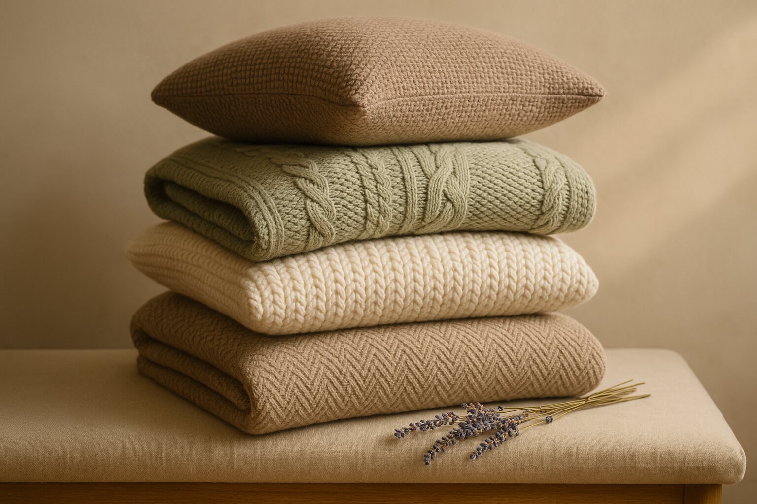 Cosy throws and cushions in taupe and sage tones